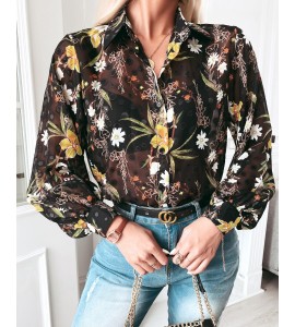 Floral Print L tern Sleeve Button Front Shirt