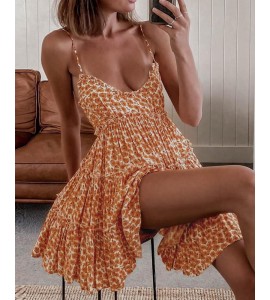 Spaghetti Strap Dits  Floral Print Ruched Dress